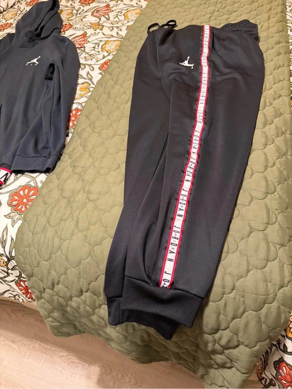 Jordan Black Hoodie and Track Pants with White Jumpman and Red Trim
